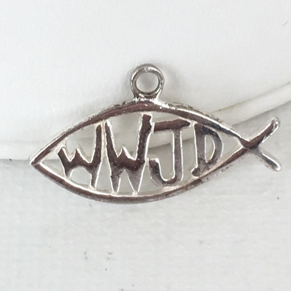 Sterling Silver WWJD Fish Charm Signed .925 Tiny Charm Pendant Necklace - Picture 1 of 15